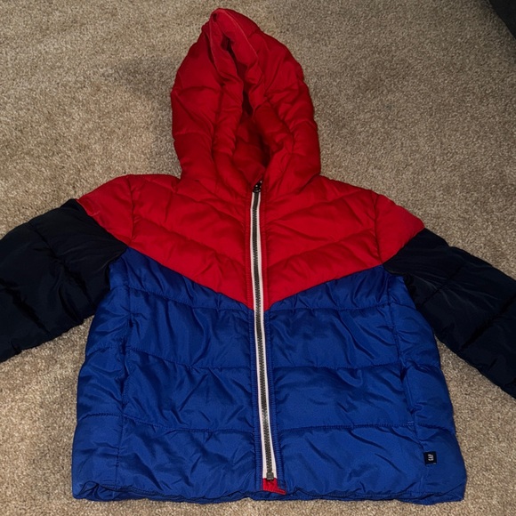 GAP Red Blue & Navy Colorblock Puffer Jacket with Hood